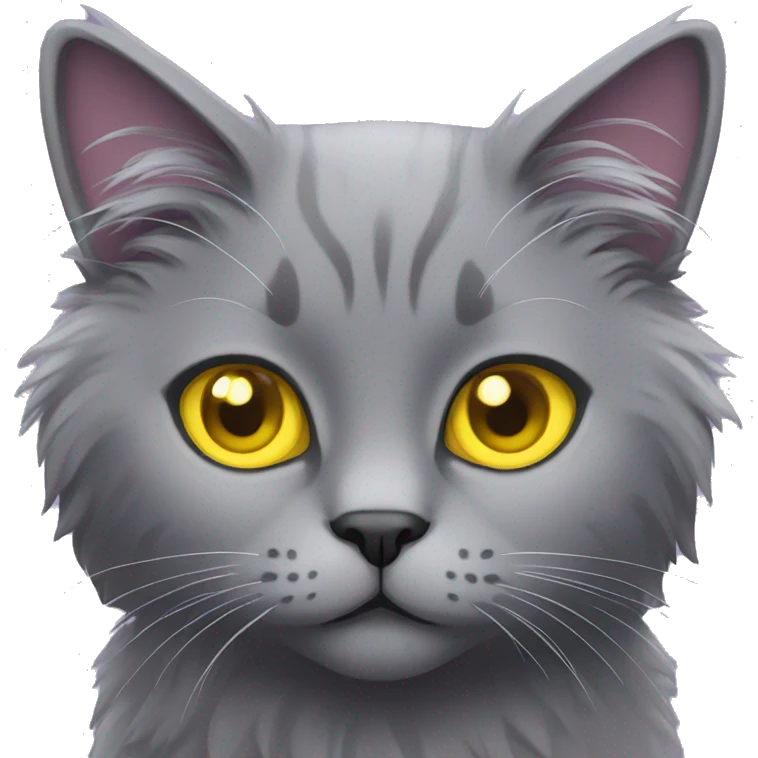 Gray fluffy cat with yellow eyes purple collar emoji