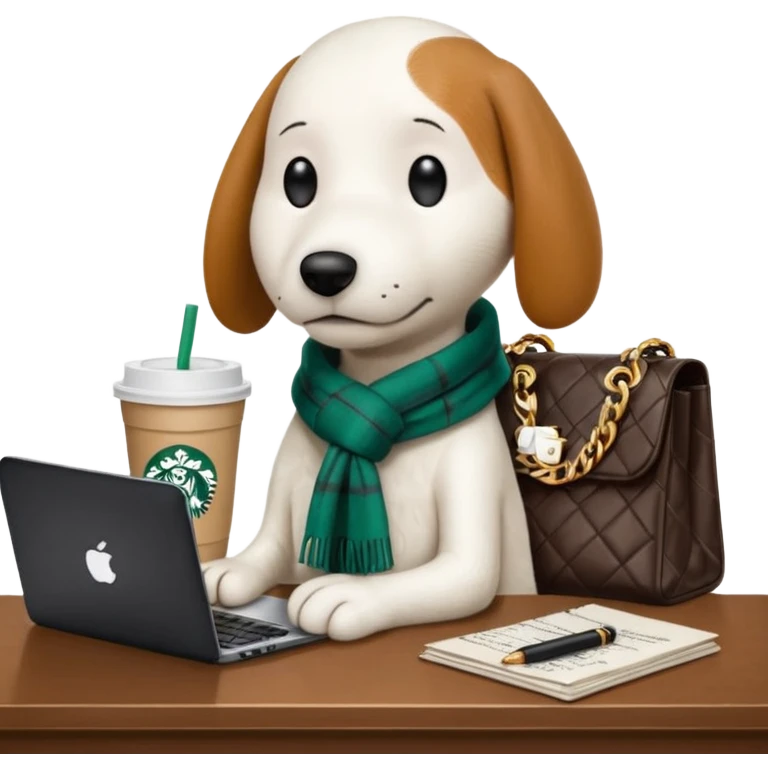 snoopy in a desk with starbucks and his chanel purse emoji