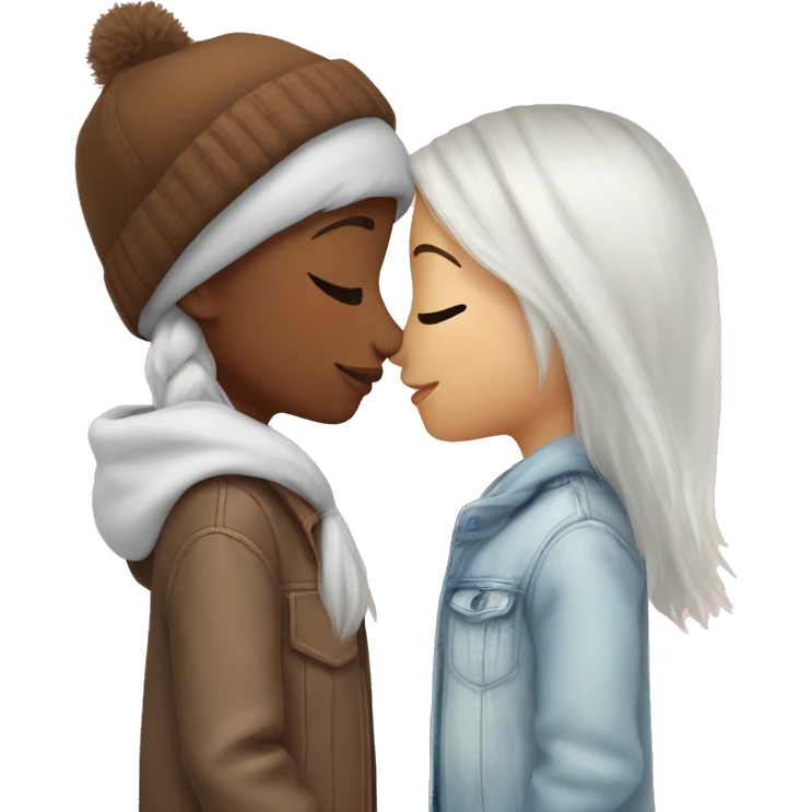 One girl with white hair and one girl with brown hair and a beanie, kissing emoji
