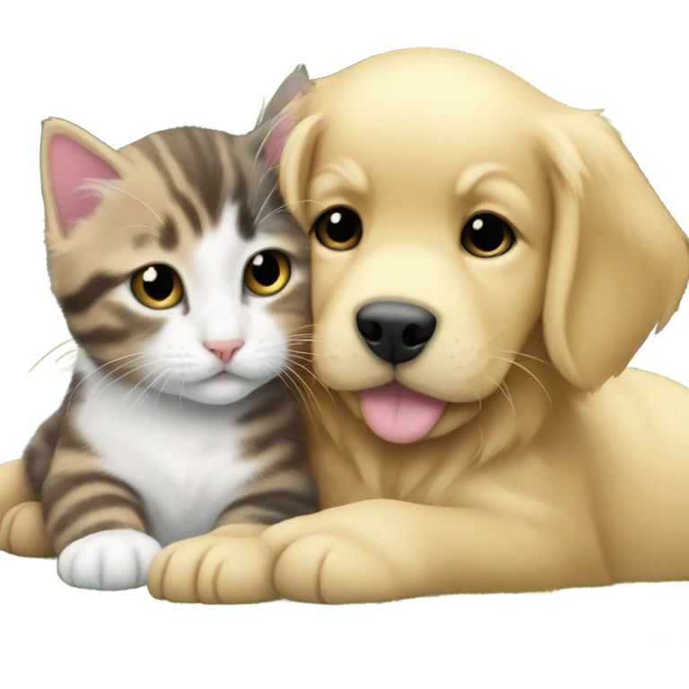 Tuxedo cat kitten and golden retriever puppy being friends emoji