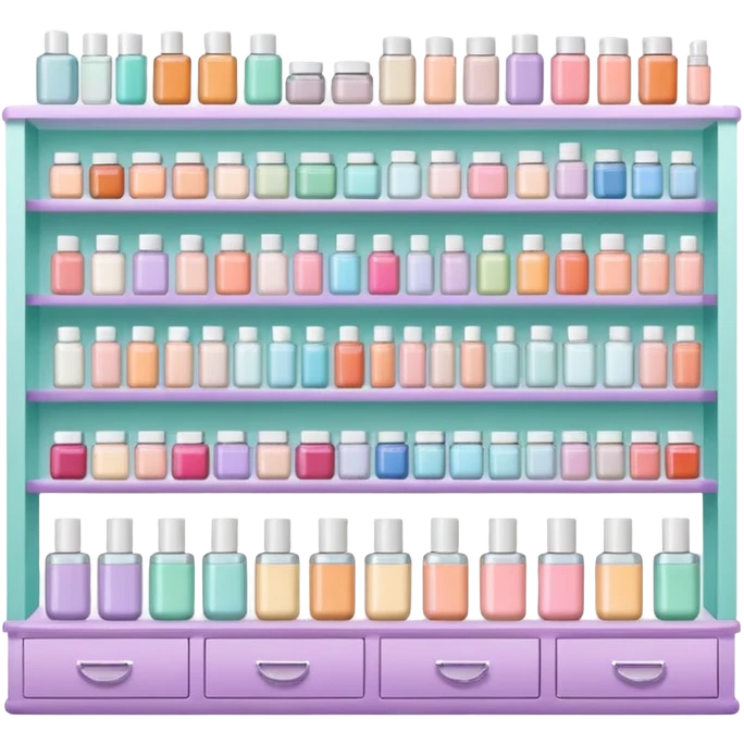 big beauty salon showcase with well-organized brand-labeled beauty products on a white shelves, pastel colors emoji