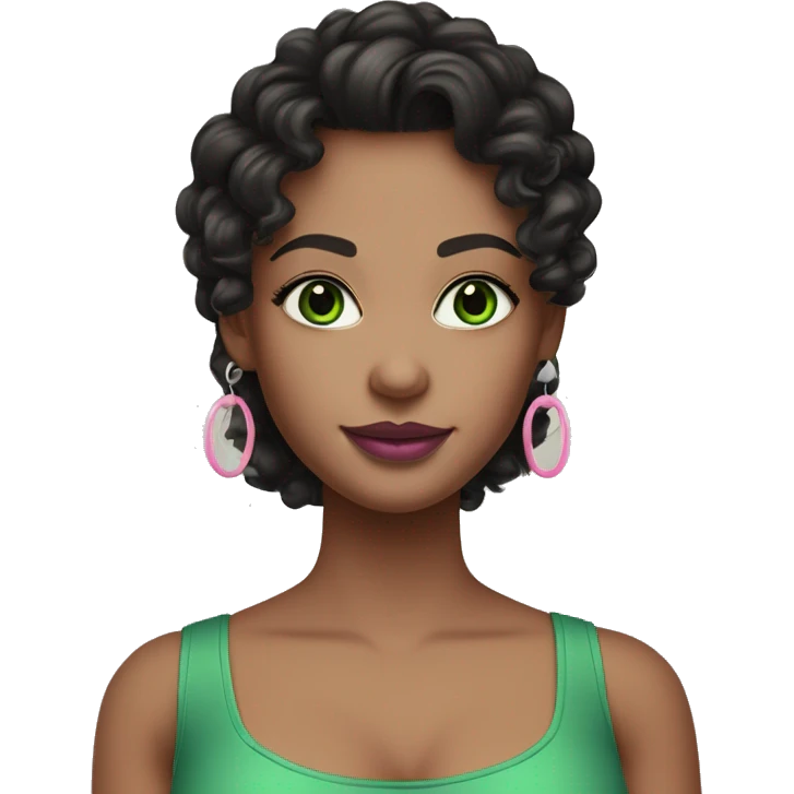 Create an emoji-style character of a WHITE skin girl with bright green eyes, long black curly or wavy hair, wearing hoop earrings. She has a green v-neck top, wears mascara, and is styled with soft pink mauve lipstick emoji