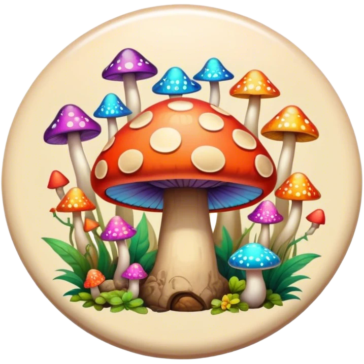 A round psychedelic colored button with bezeled edges and colorful hippie style mushrooms emoji