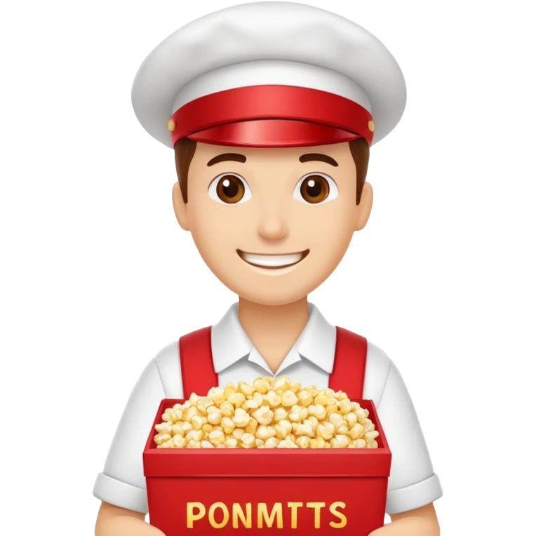 trabajador de cine vendiendo crispetas, sonriente, con uniforme rojo y caja de palomitas emoji