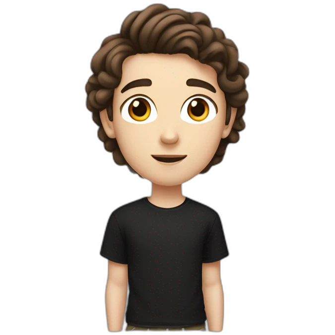 a white teenager boy with big brown eyes and middle parted long coiled brown hair, wearing a black t-shirt with white airpods emoji