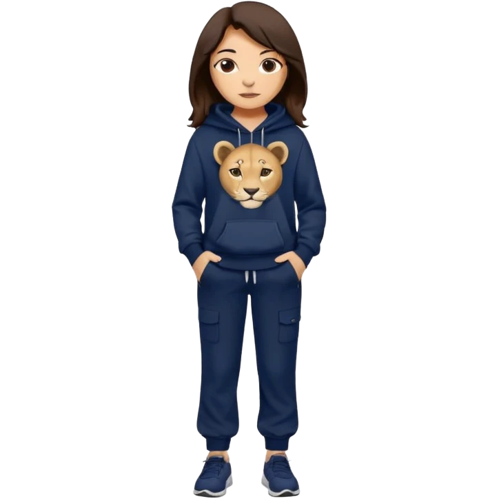 León tierno que sea mujer con pantalones guangos color azul marino y una sudadera negra con cabello suelto color castaño obscuro emoji