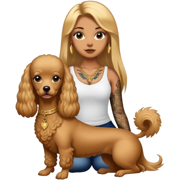 a  girl with glod  straight long hair and tattoos and (two) miniature poodles emoji