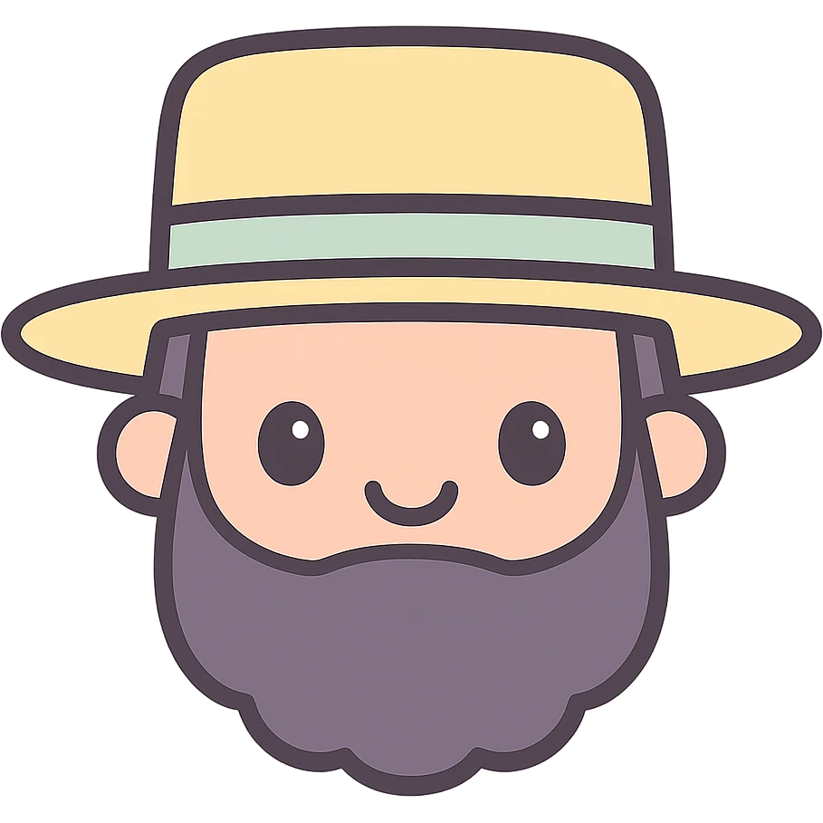 cute kawaii style emoji of an Amish man with a beard and wide-brimmed hat, smiling emoji