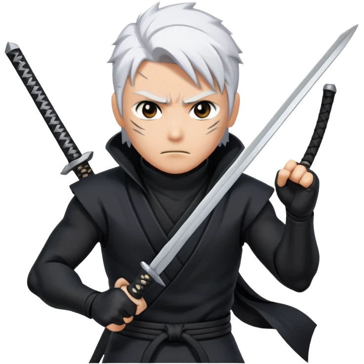 Gabimaru the Hollow, holding kunai, white hair, black ninja suit, intense eyes, action-ready emoji