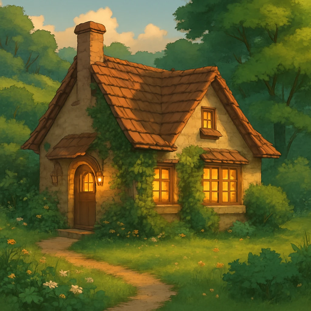 cozy cottage in a lush landscape with warm lighting in ghibli style emoji