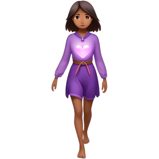 A small figure walks back across a foggy bridge, holding soft pink and purple orbs in each hand—symbolizing compassion and forgiveness. A gentle heart aura trails behind them, showing healing in motion. emoji