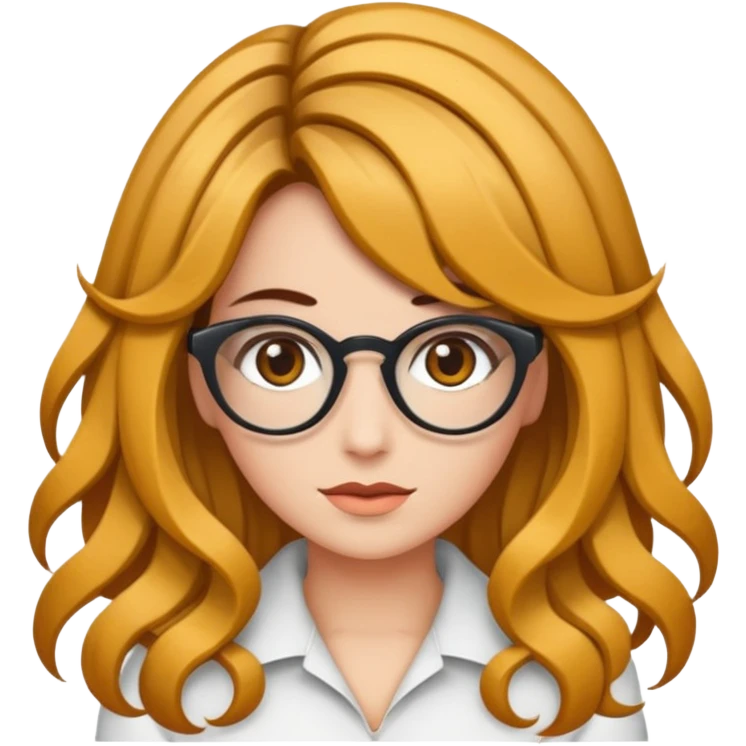 Uma garota de cabelos cacheados com mechas loiras, com pele morena clara e óculos emoji