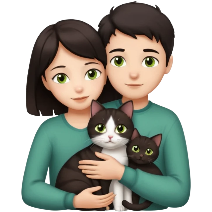 Crea un emoji donde salga un chico de pelo moreno con los ojos claros, una chica de pelo morena con los ojos marrones y UN gato europeo comun de pelaje oscuro y ojos verde claro, quiero que se esten abrazando el chico y la chica, y el gato este en el medio emoji