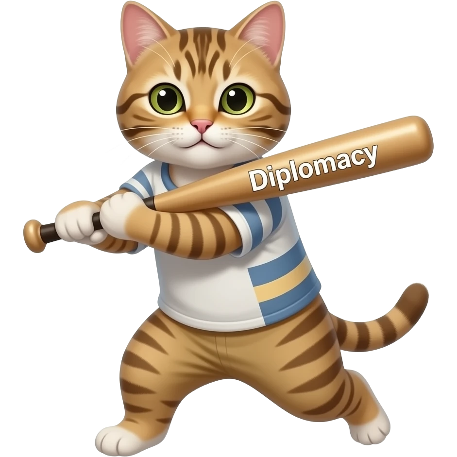 Cat swinging a base ball bat text on bat Diplomacy emoji