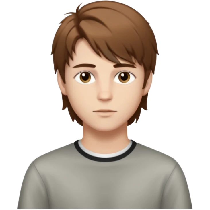 A young white boy with brown hair and eyes, with slightly long, straight and disheveled hair with wolfcut haircut, Make it look aesthetic, it's a trans boy emoji