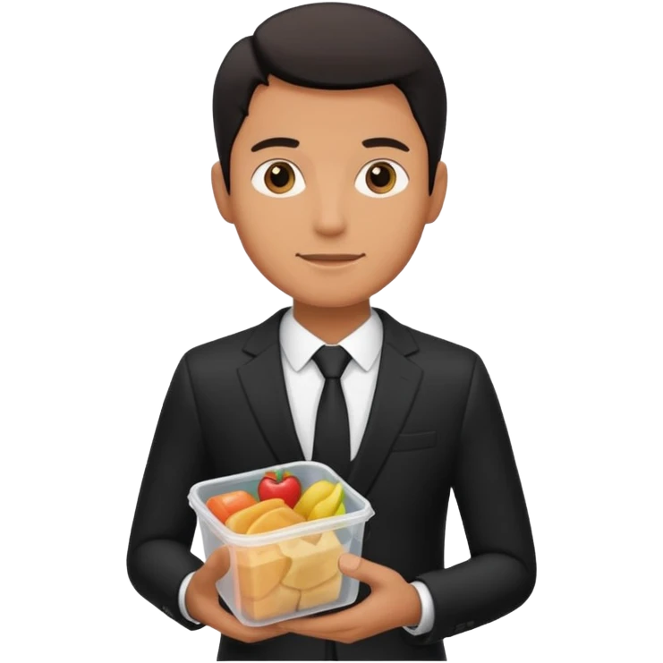 man with suit holding food container emoji