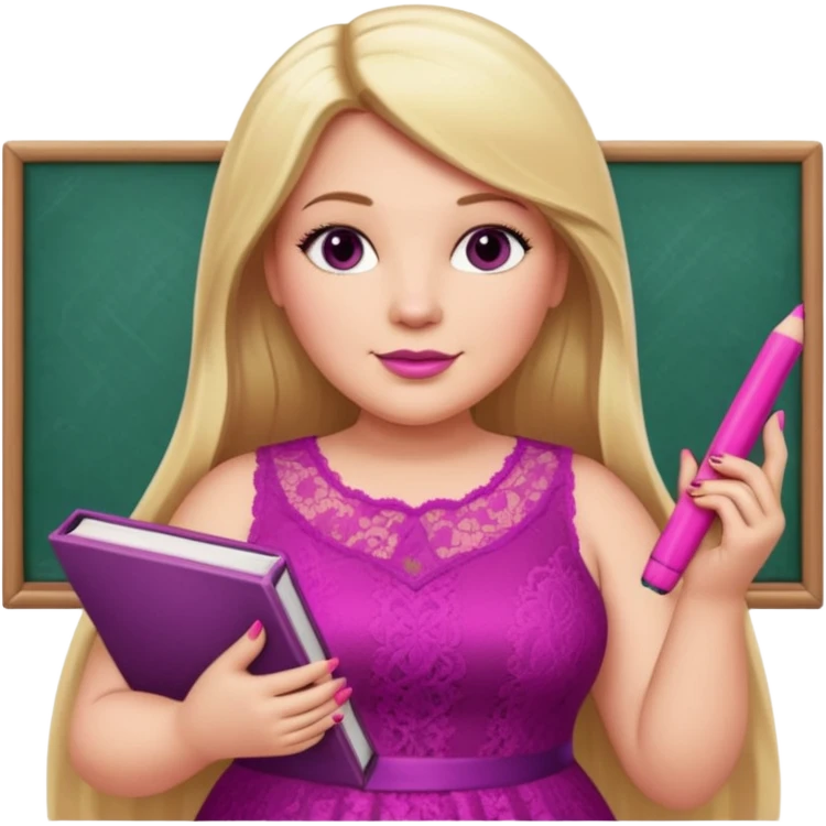 A plus-size white woman with long, straight blonde hair is wearing a magenta lace sleeveless dress. She is standing with magenta nail polish and holding a book and a crayon.. emoji
