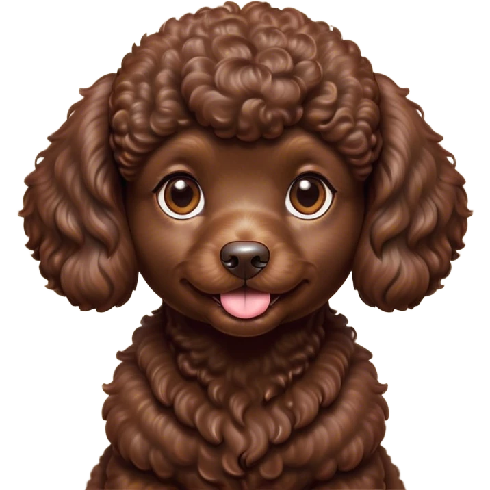 Cinematic Cute Chocolate Poodle Portrait Emoji, Head tilted playfully and inquisitively, showcasing a bouncy, curly chocolate Fur with a healthy sheen, round, sparkling brown eyes filled with curiosity, Simplified yet irresistibly adorable features, highly detailed, glowing with a warm, friendly glow, high shine, affectionate and lively, stylized with a touch of whimsy, bright and endearing, soft glowing outline, capturing the essence of a mischievous yet loving companion, so playful it feels like it could bounce out of the screen and into your arms! emoji