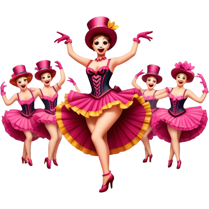 Cinematic Realistic Can-can Dance Emoji, depicted as a lively cabaret dance scene with flouncy costumes and dynamic energetic movement, rendered with vibrant textures and playful theatrical lighting that captures the spirit of French cabaret. emoji