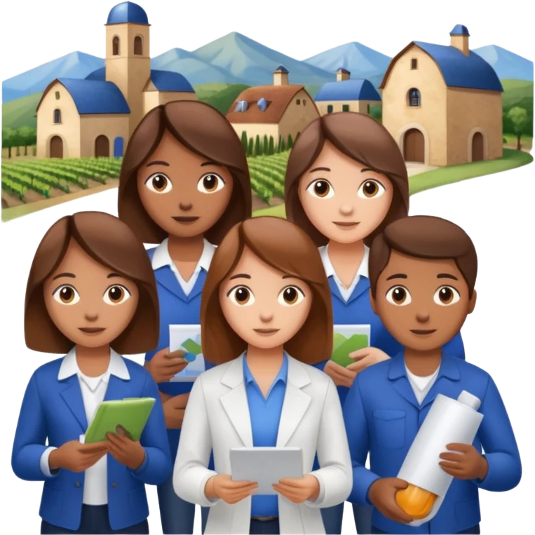 Make a photo of 5 project managers, specifically 3 girls with brown hair and 2 boys, that are making project for improvement of the winery emoji