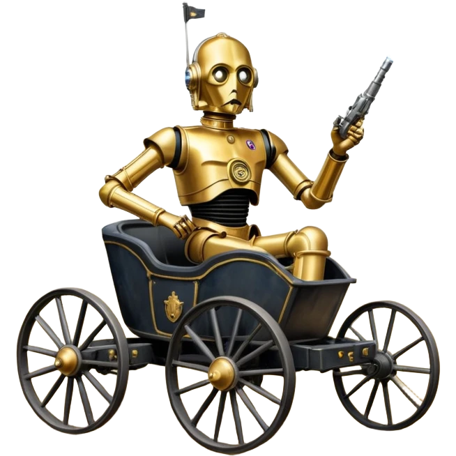 Action in Old American West tarnished C-3PO policeman in 1864 delicately ornate rosegold accents painted buggy powered by electric motors and batteries with safety features and belts flying rapidly across rough dusty terrain  emoji