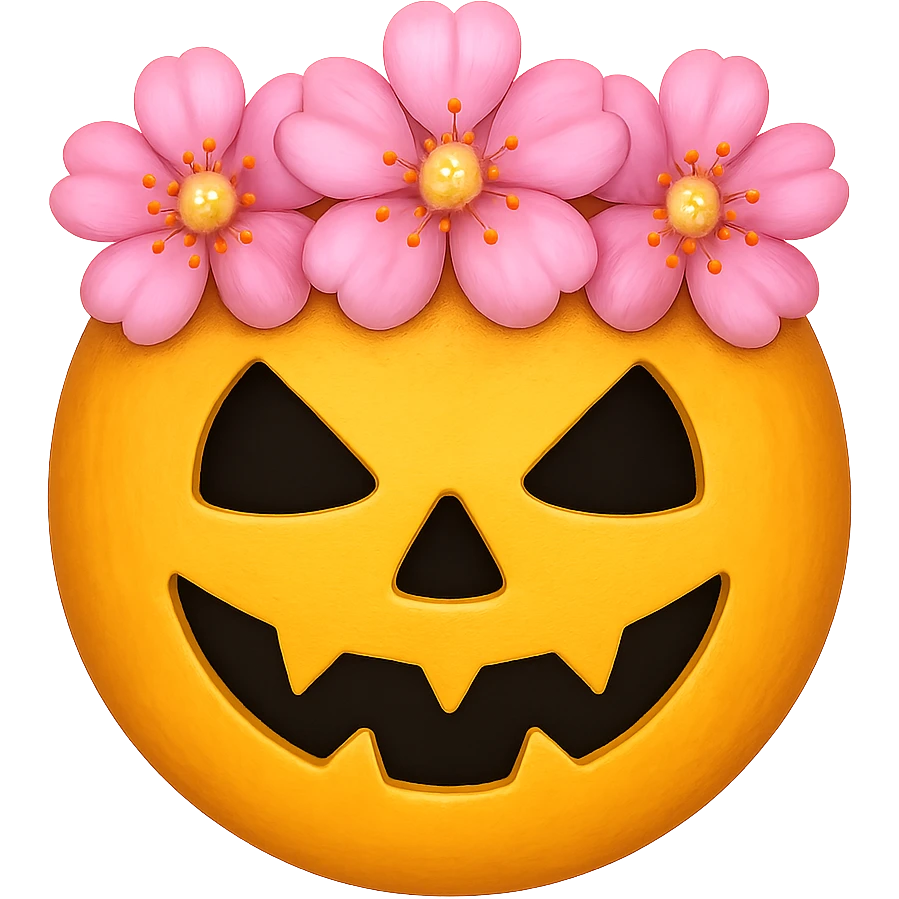 halloween yellow face with pink flower crown emoji, digital illustration, remove background emoji