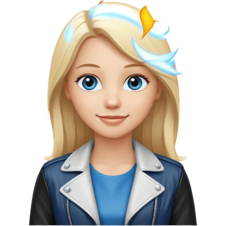 A white girl with long straight blonde hair, blue eyes and a white dress with a smiling black jacket emoji