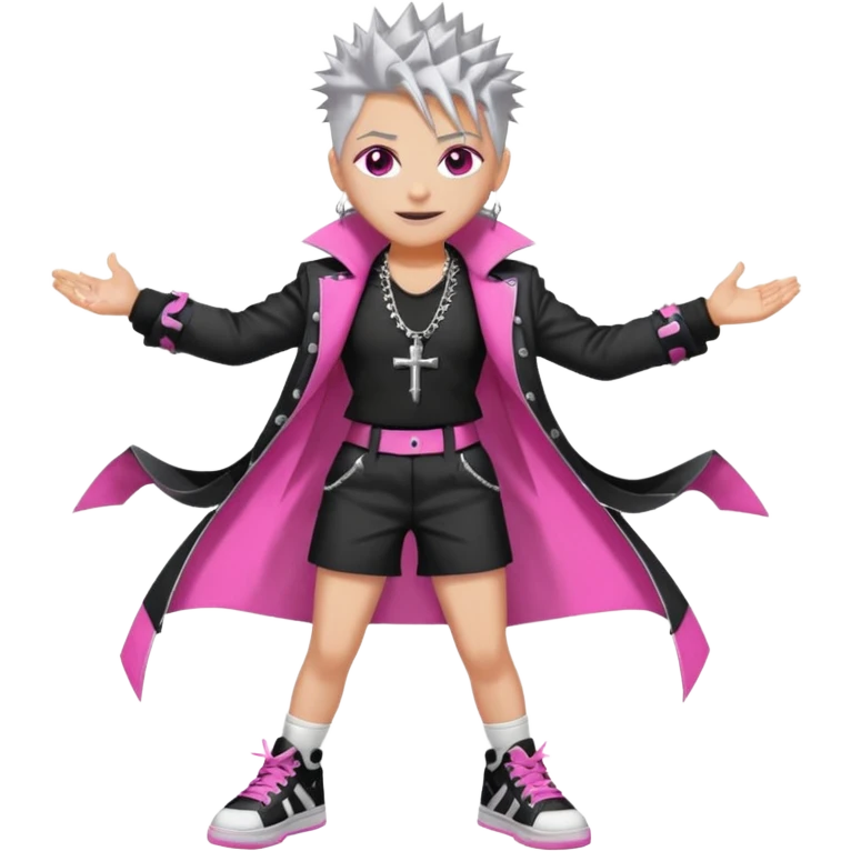 	•	White-gray, spiked hair like entropy made cute 	•	Eyes: Pink with 7 shifting rings—hypnotic, unreadable 	•	Wears a tailored high-fashion jacket with black chain-lined dress shorts 	•	Saw-toothed smile, street-combat high-tops, and a silver crucifix earring emoji