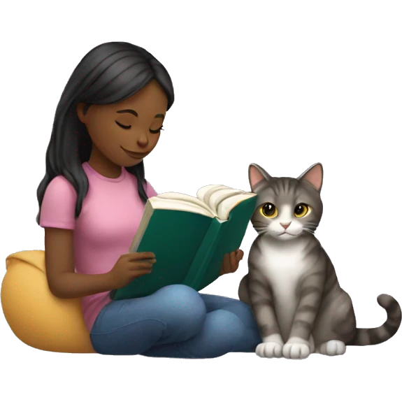 a girl reading a book and a cat emoji
