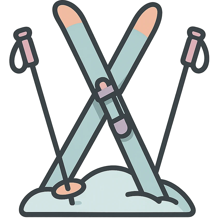 cross-country skis standing at an angle, stuck into a snowdrift, poles on the sides also stuck at an angle, detailed shading, thin clean outlines, soft rounded features, pastel palette #98B5BC #B5B3C1 #C9A3C9 #E4C0CA #F7DCD1 #F7C0AA, Japanese pop art, sticker look, highly detailed, vector clarity, soft lighting, subtle shadows, transparent background emoji