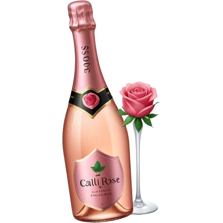 bottle of sparkling rose champagne tilted up and to the right, with a rose logo, no glass emoji