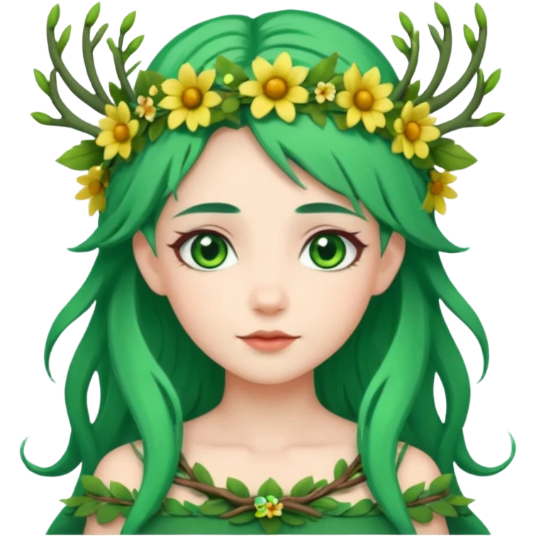A forest princess with green hair, green eyes, wearing a wreath of flowers and branches emoji