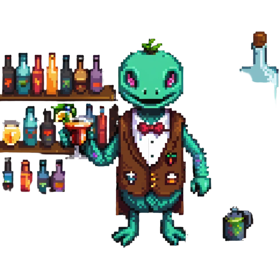 Tipsy bartender mimic creature serving drinks emoji