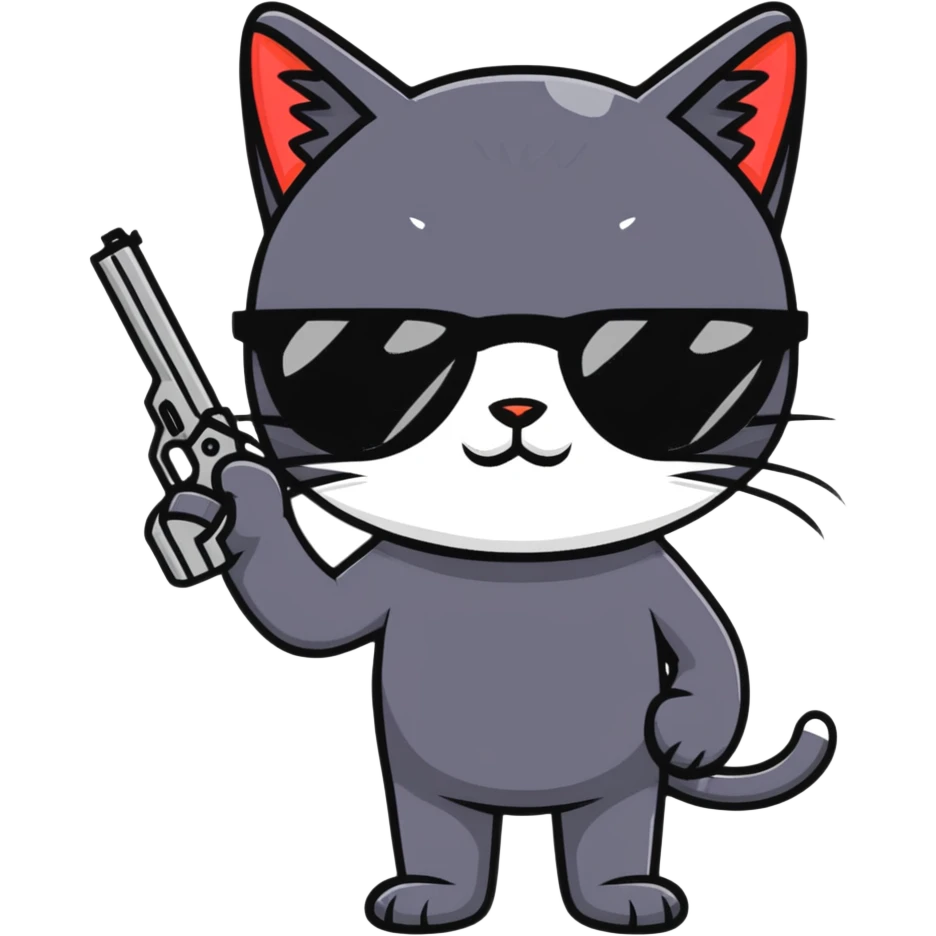 black cat with sunglasses and a gun emoji