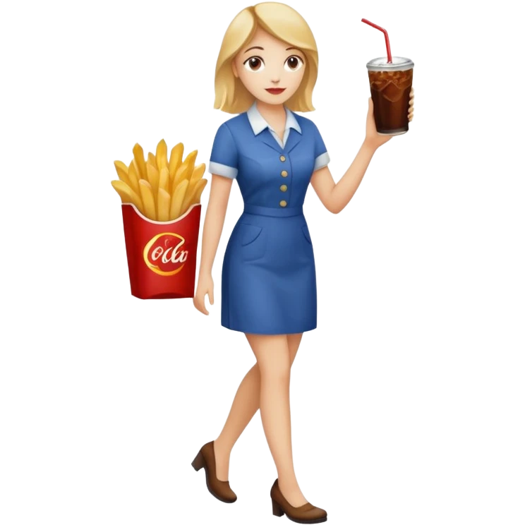 a young woman full length with cola in one hand and french fries in the other hand and a painting under her arm walking left emoji