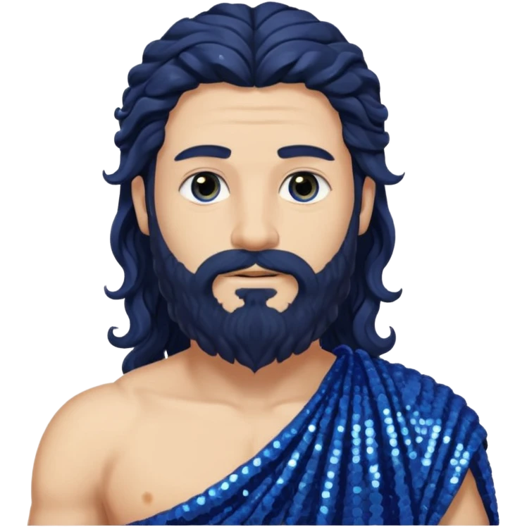 Auster, God of Summer Roman Deities with long black wavy hair and beard, indigo sequin toga emoji