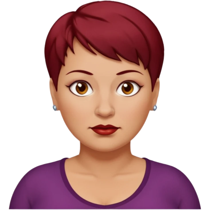 femme 40 ans, cheveux très court rouge foncé piercing sur le nez yeux marrons, surpoids emoji