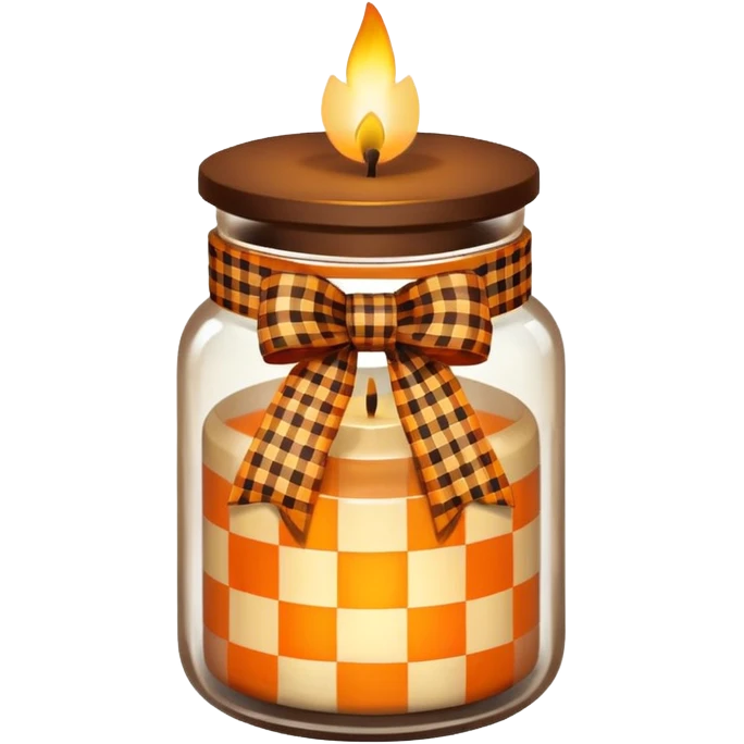 Brown jar with an orange checkered ribbon and candle in it emoji
