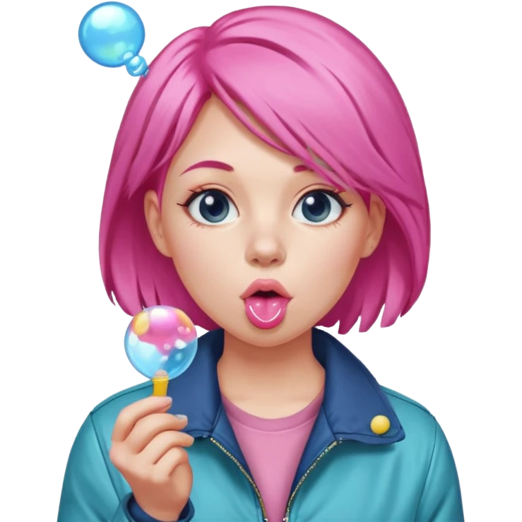 Pink-haired woman in jacket blowing bubble gum emoji