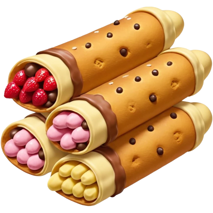 a pile of canolis -- one strawberry, one chocolate and one banana canoli emoji