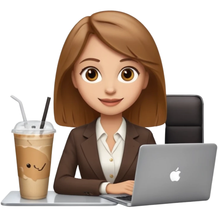 Women in front of laptop with a happy face, light brown hair, light brown big eyes, light skin with a iced coffee on the side, business attire emoji