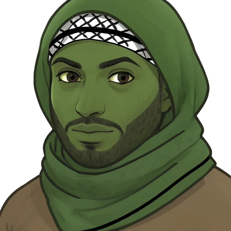 memoji cartoon of a brown man, eyes visible, face wrapped in a Palestinian keffiyeh scarf emoji