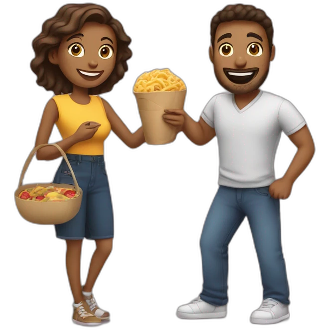 man and woman friends with camera in one hand and food in other hand, happy smiling emoji
