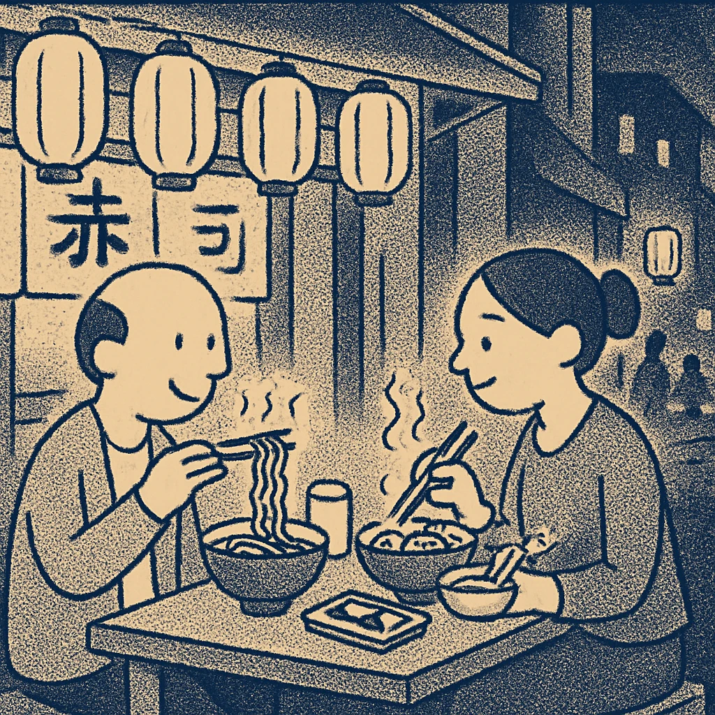 A couple sitting across from each other at a small table in a cozy Japanese street cafe, surrounded by warm lantern light, sharing sushi and ramen, with the bustling night street visible in the background emoji