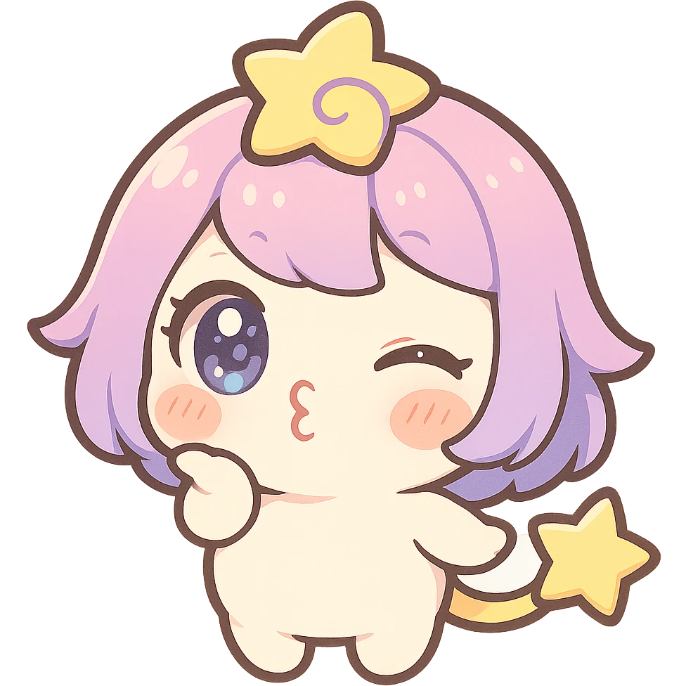 Stella Puff (星星噗噗) in kawaii chibi style, front view, blowing a kiss, big sparkling blue-violet eyes, pastel pink-purple gradient hair with a yellow star swirl, creamy white round body, coral pink blush, short arms and legs, golden star tail, clean lines, transparent background emoji