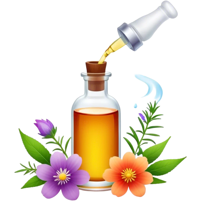 Perfume making icon, delicate glass bottle being filled with colorful essential oils from droppers, swirling mist rising from the bottle, flowers and herbs nearby, minimalistic style, clean lines, transparent background. emoji