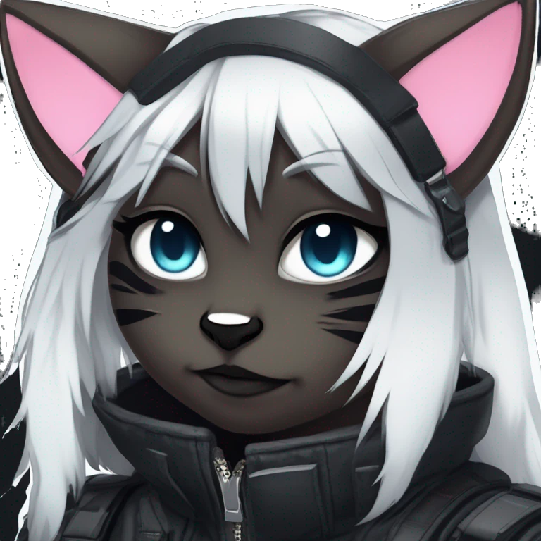 Gorgeous furry dark cyberpunk techwear anime style anthro black cat fursona with blushing face aesthetic and pretty edgy black with collar and harness trending style emoji
