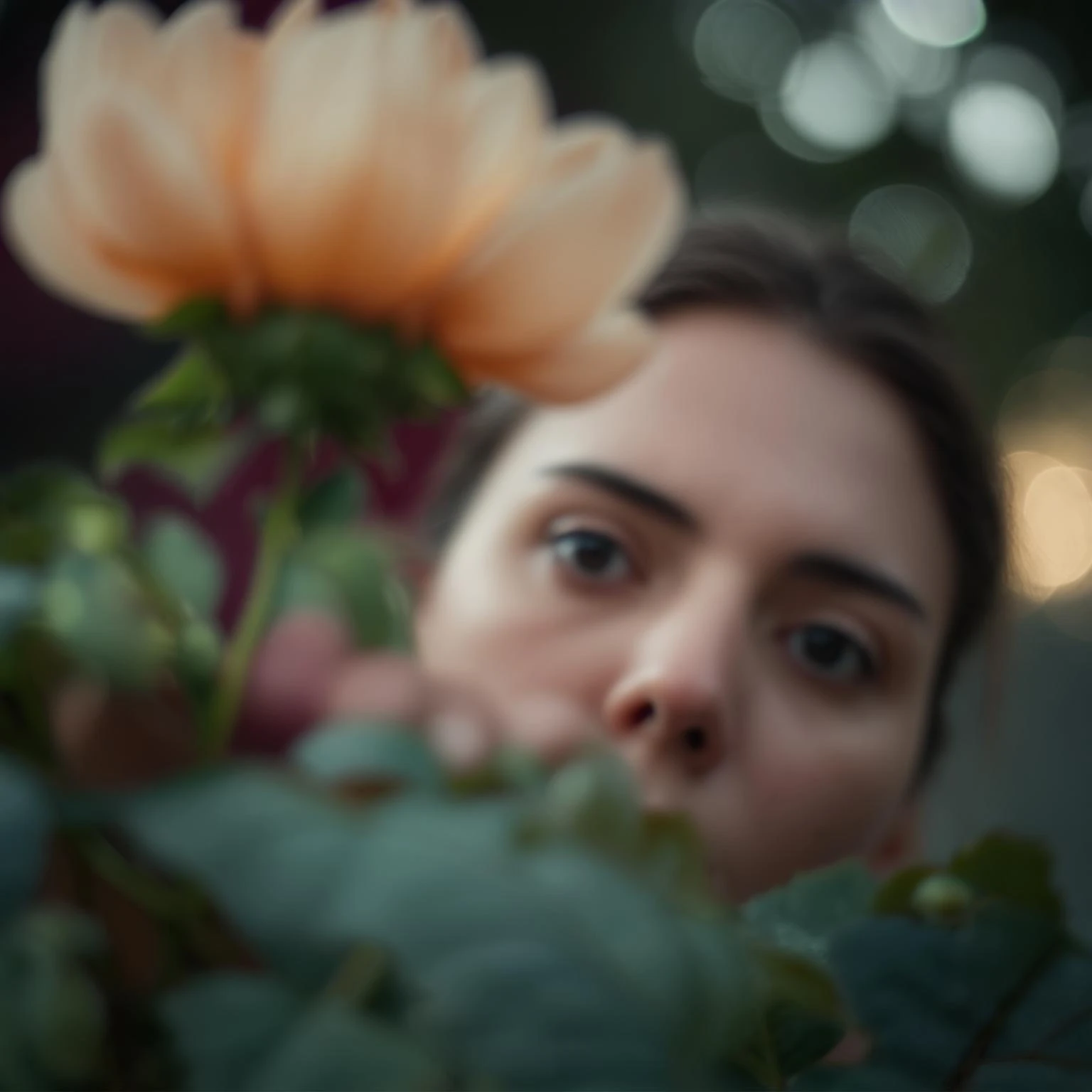 Person peaking from back of the flower with cinematic blur emoji