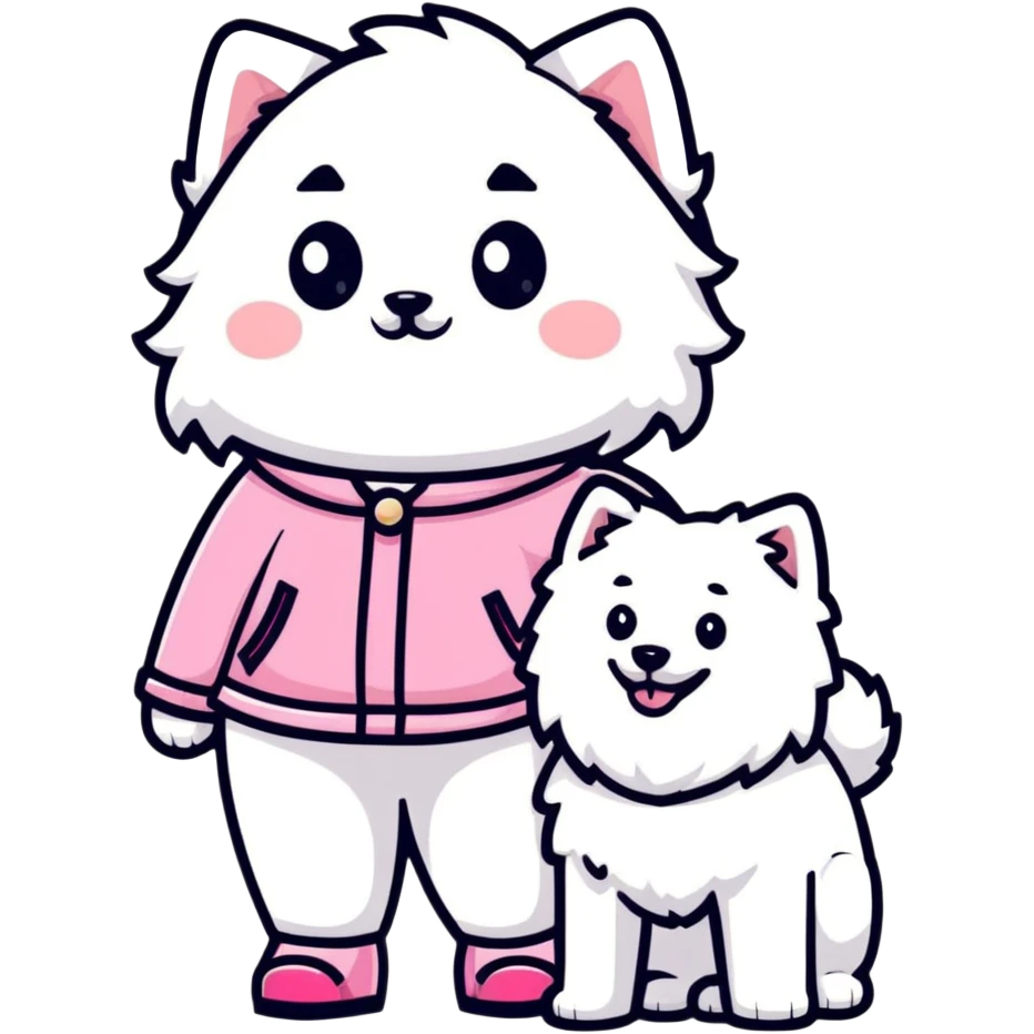 girl in pink Chanel-style outfit with white Samoyed dog emoji