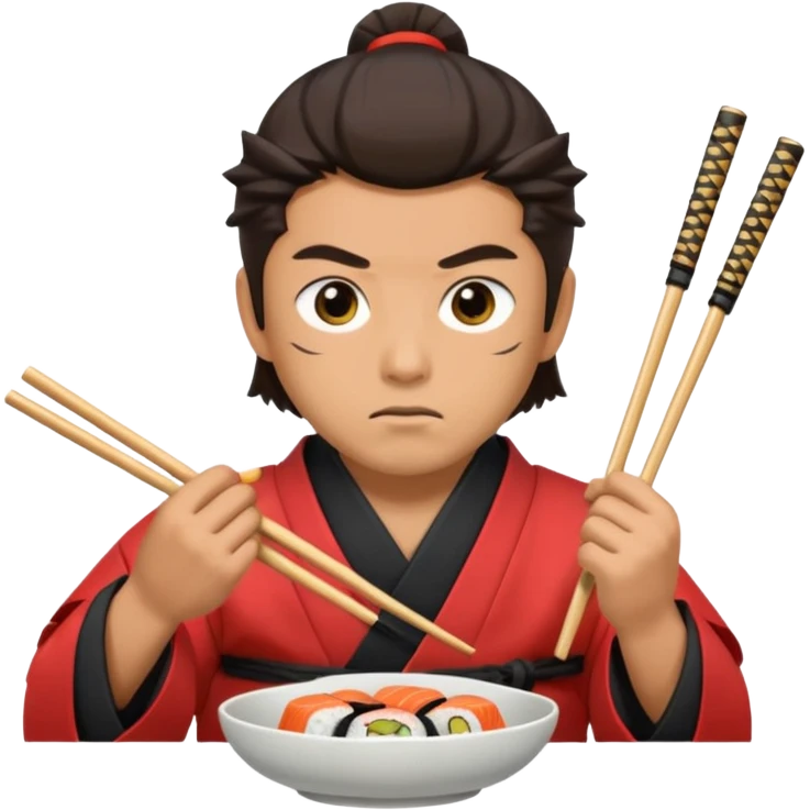 Man with wide eyes eating sushi in a samurai outfit wide eyes emoji